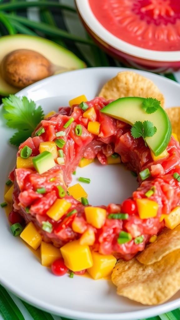 A vibrant plate of Tuna Tartare with Mango and Chili, garnished with avocado and served with tortilla chips.